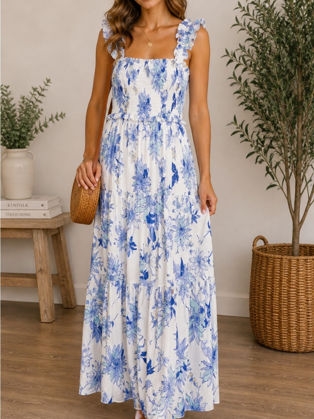 Fate White Blue Floral‎ Maxi Smocked Nap Dress Size Large Cottagecore Summer